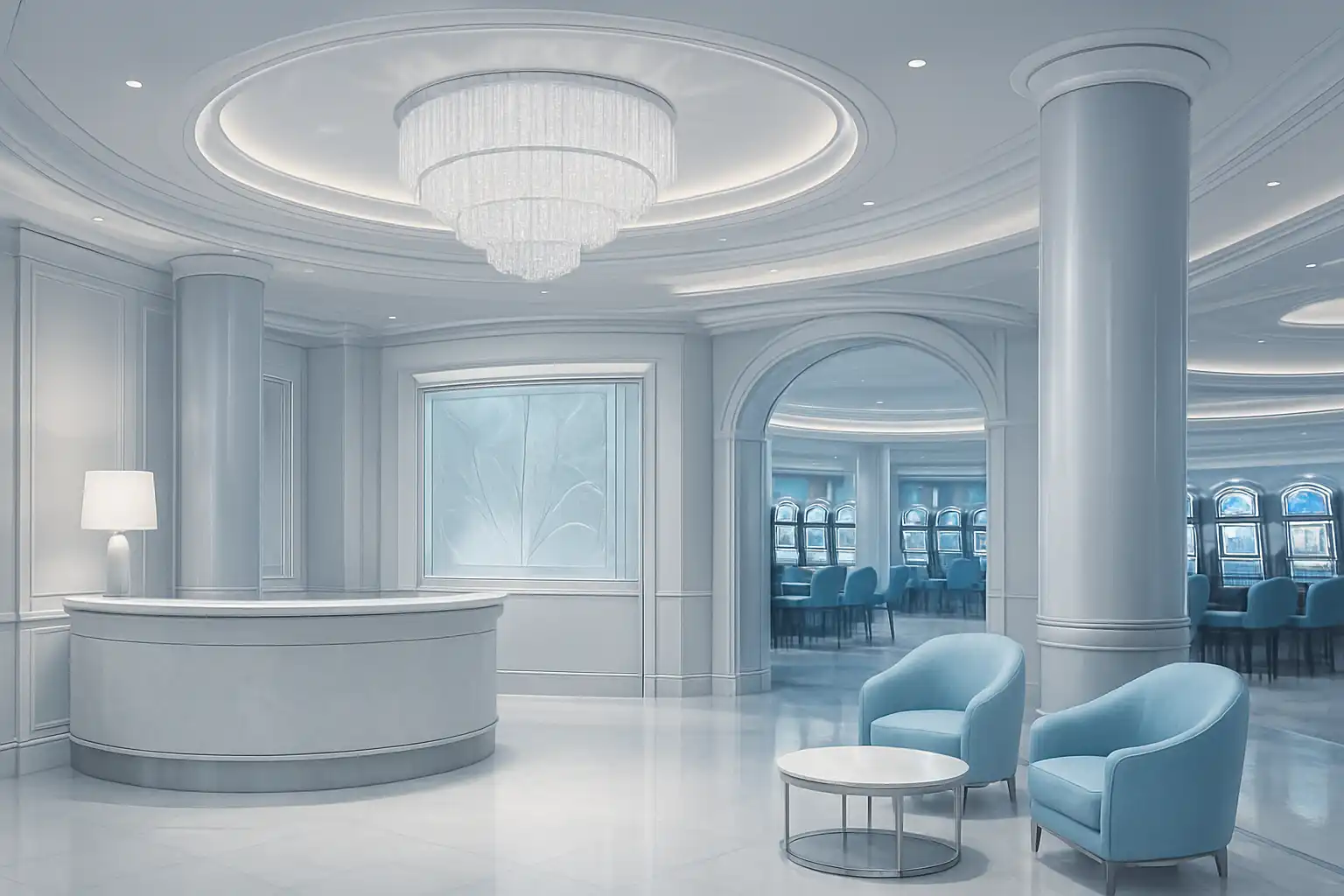 Illustrazione di una lobby da casinò blu ghiaccio e argento che rappresenta Winsroyal Casino